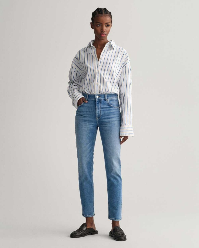 Gant Slim Fit Cropped Women's Jeans Semi Light Blue | YVMIQ-2190