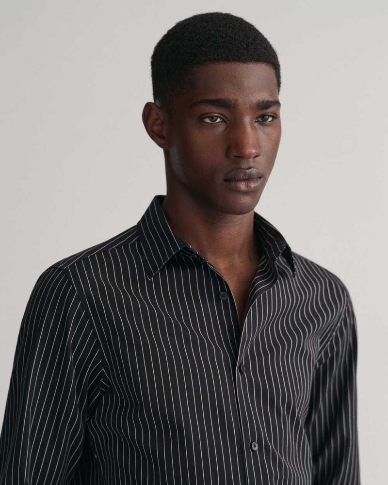 Gant Slim Fit Formal Pinstriped Men's Shirts Black | CEOVQ-7091