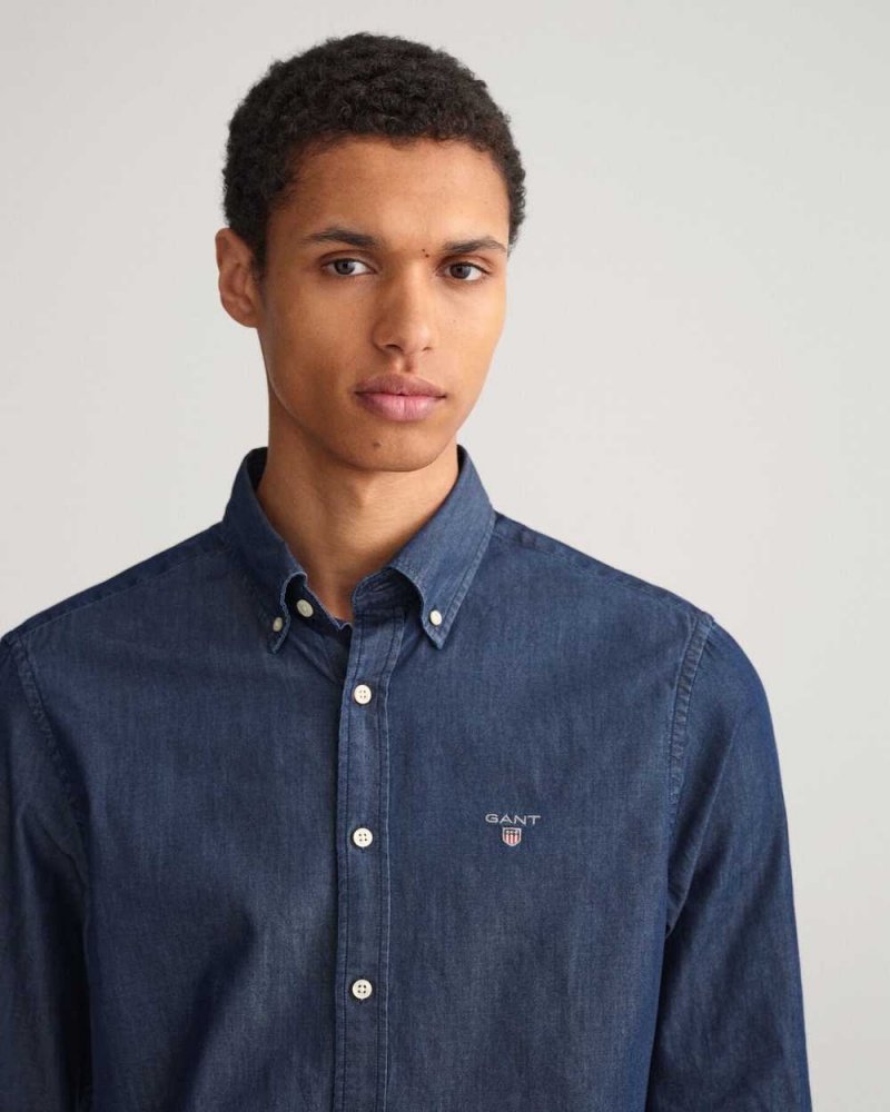 Gant Slim Fit Indigo Men's Shirts Dark Indigo | UGYHV-4285