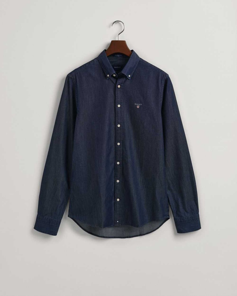 Gant Slim Fit Indigo Men's Shirts Dark Indigo | UGYHV-4285