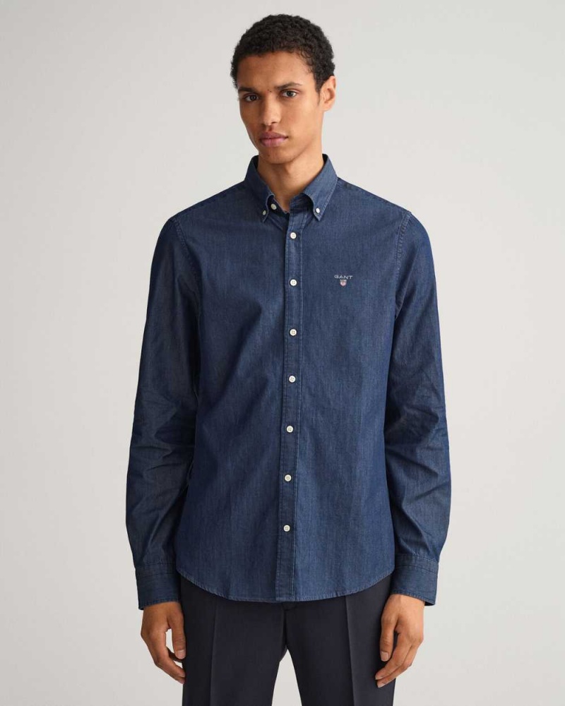 Gant Slim Fit Indigo Men\'s Shirts Dark Indigo | UGYHV-4285