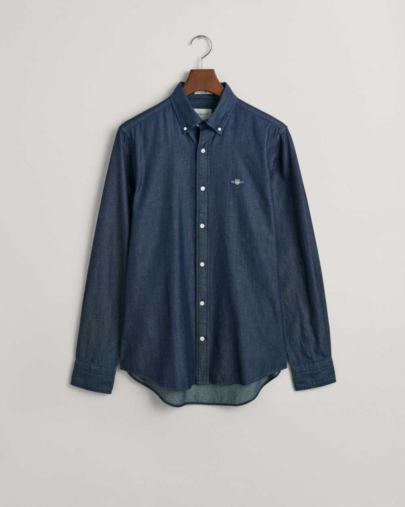 Gant Slim Fit Indigo Men's Shirts Dark Indigo | MDWGV-7928