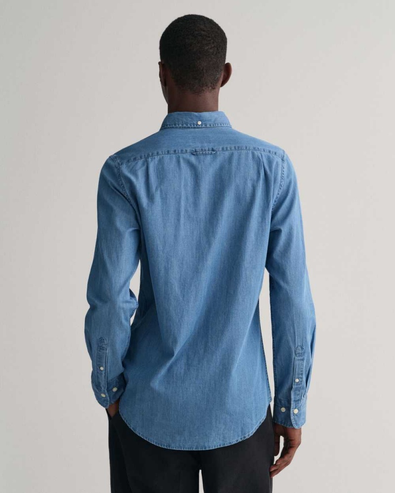 Gant Slim Fit Indigo Men's Shirts Semi Light Blue | MKLHN-6129