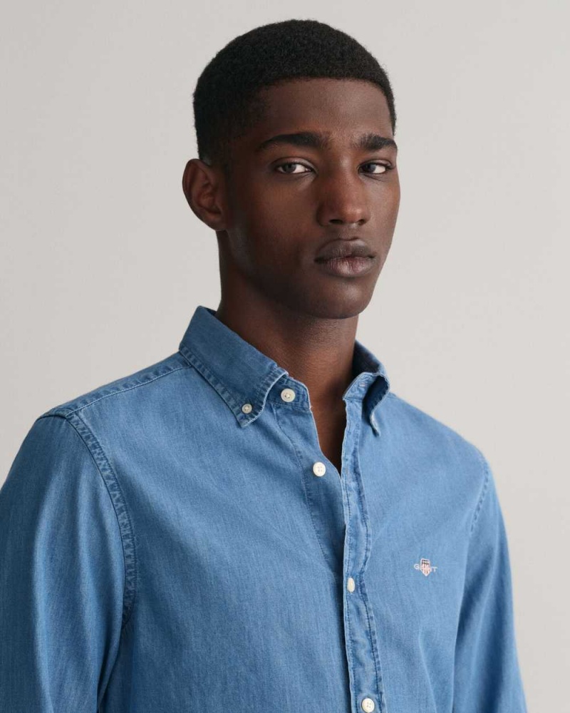 Gant Slim Fit Indigo Men's Shirts Semi Light Blue | MKLHN-6129