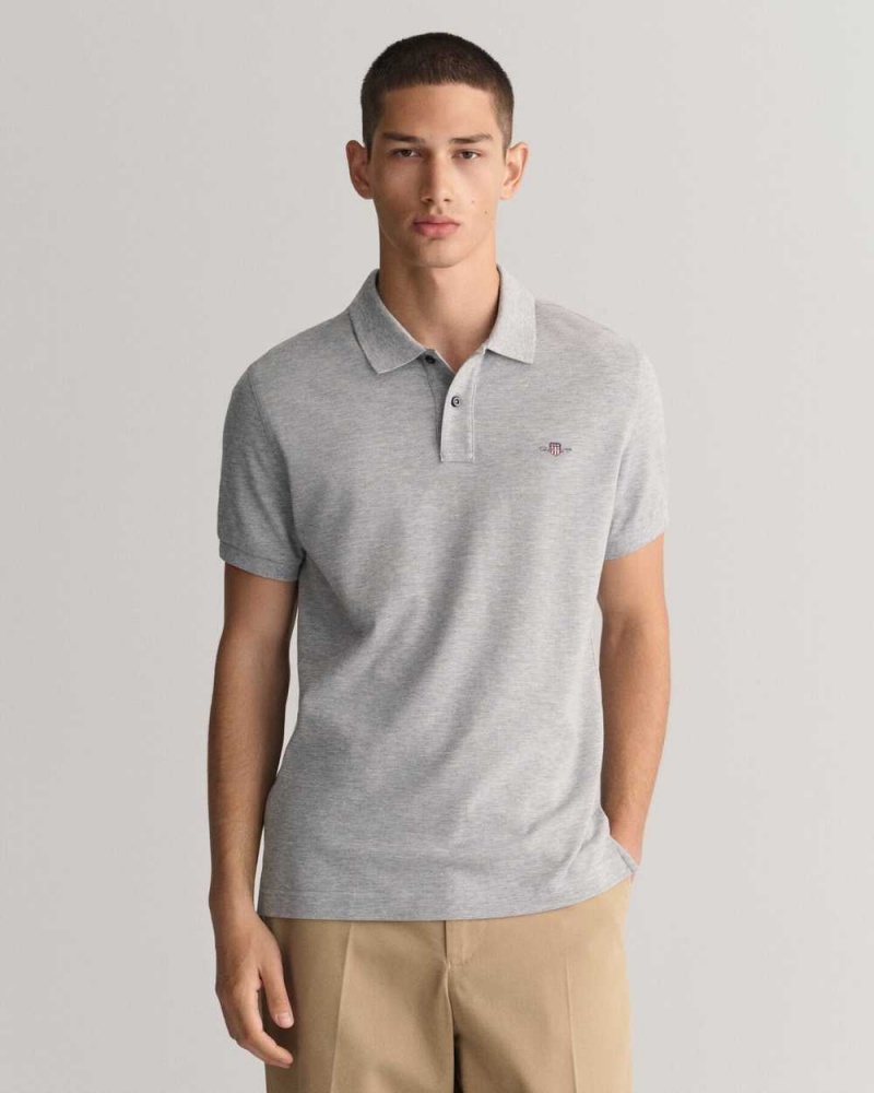 Gant Slim Fit Shield Piqué Men\'s Polo Shirt Grey Melange | QFWPX-3189