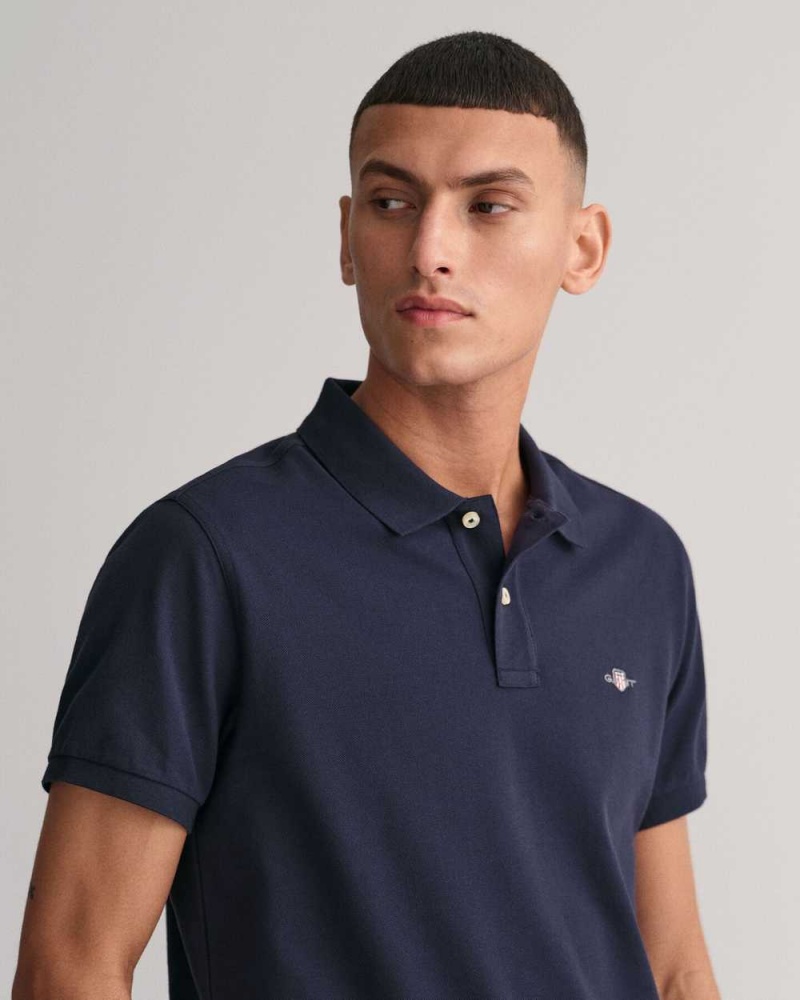 Gant Slim Fit Shield Piqué Men's Polo Shirt Evening Blue | GKBPN-7803