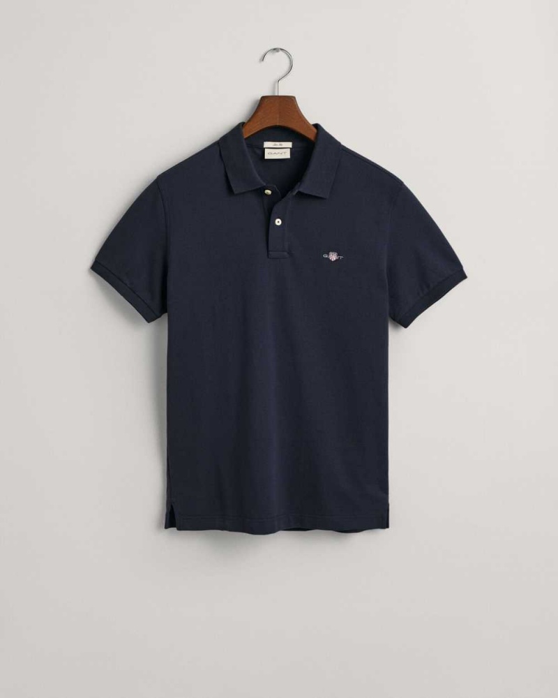 Gant Slim Fit Shield Piqué Men's Polo Shirt Evening Blue | GKBPN-7803