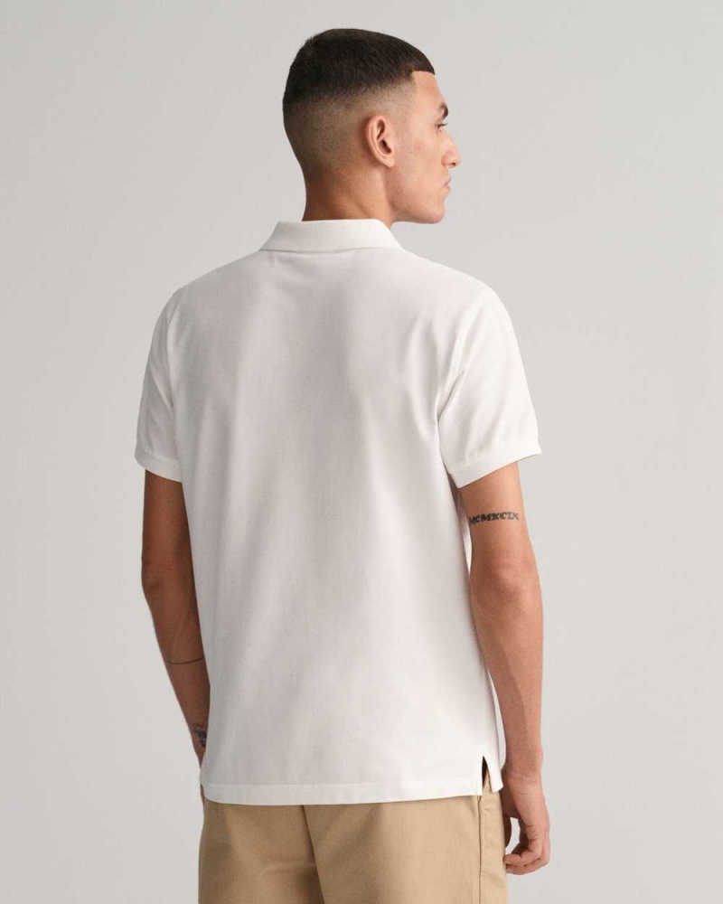 Gant Slim Fit Shield Piqué Men's Polo Shirt White | UJVFL-9467