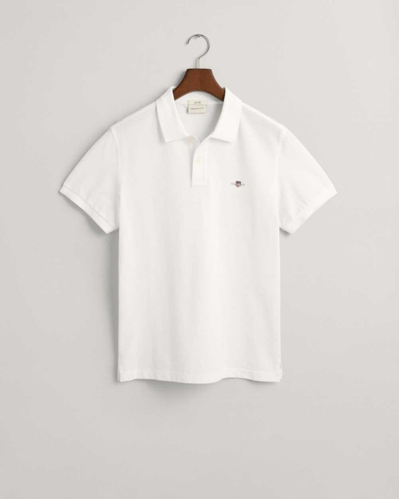 Gant Slim Fit Shield Piqué Men's Polo Shirt White | UJVFL-9467