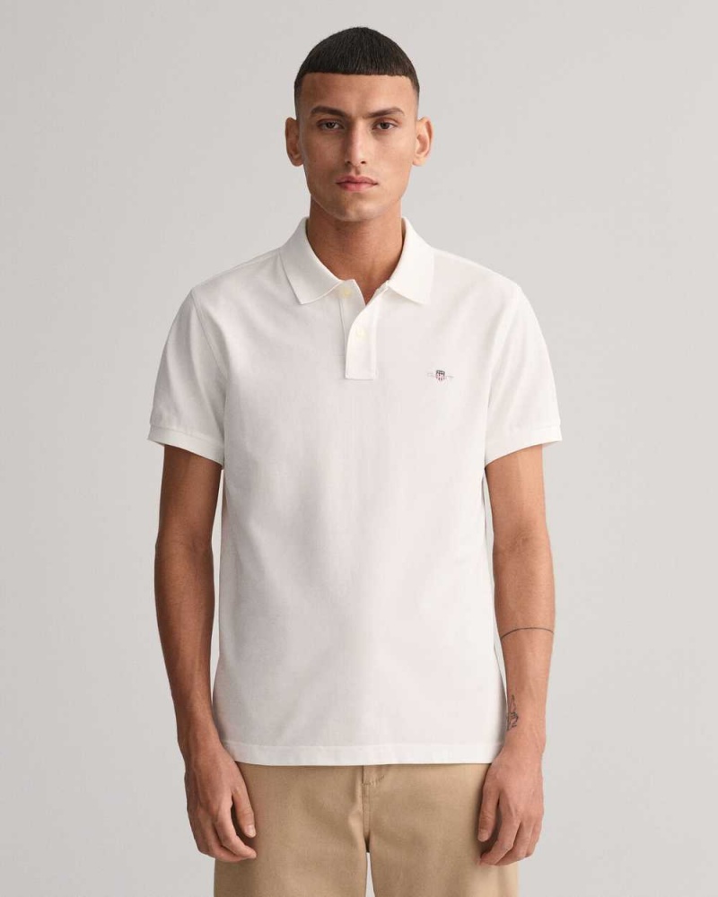 Gant Slim Fit Shield Piqué Men\'s Polo Shirt White | UJVFL-9467