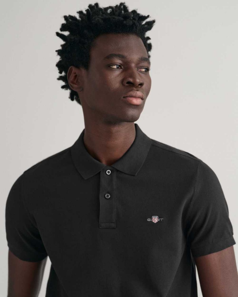 Gant Slim Fit Shield Piqué Men's Polo Shirt Black | SDVTO-6798