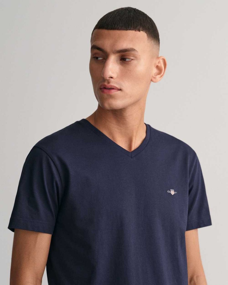 Gant Slim Fit Shield V-Neck Men's T-Shirt Evening Blue | KPSET-8594