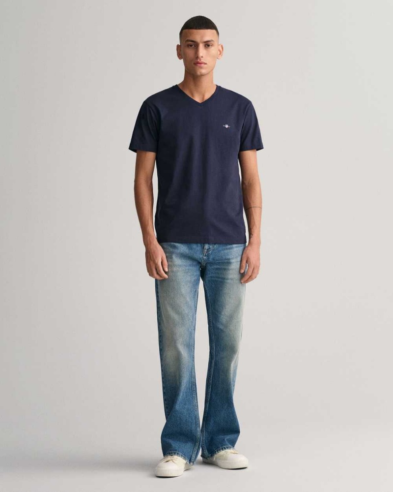 Gant Slim Fit Shield V-Neck Men's T-Shirt Evening Blue | KPSET-8594