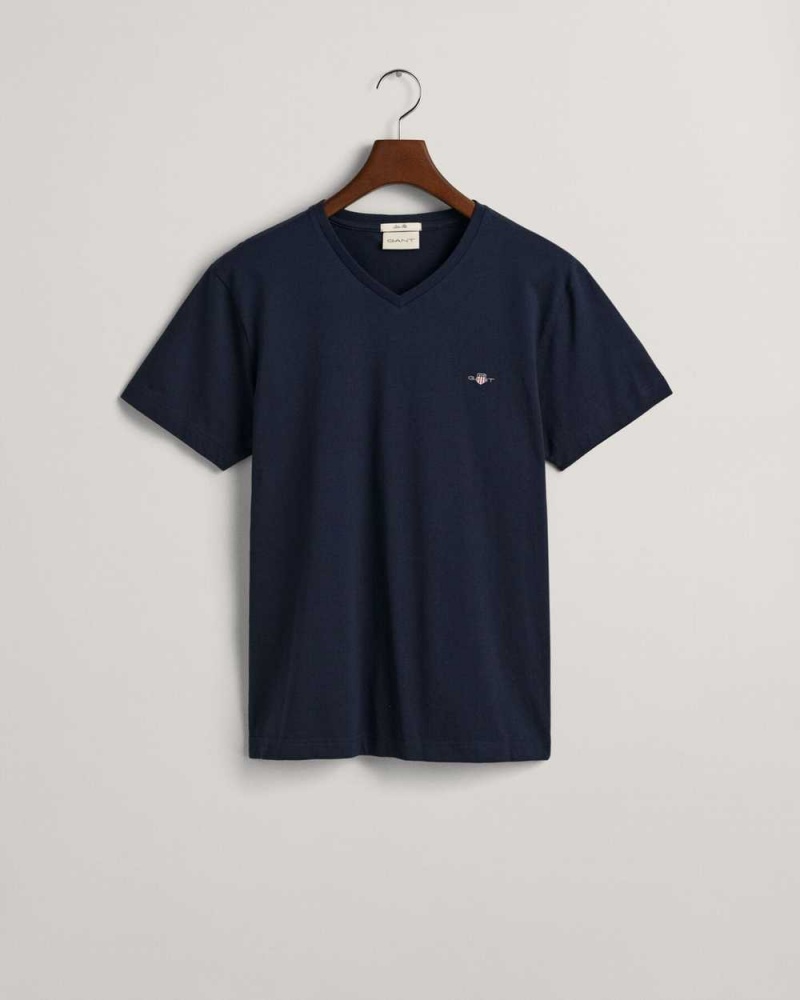 Gant Slim Fit Shield V-Neck Men's T-Shirt Evening Blue | KPSET-8594