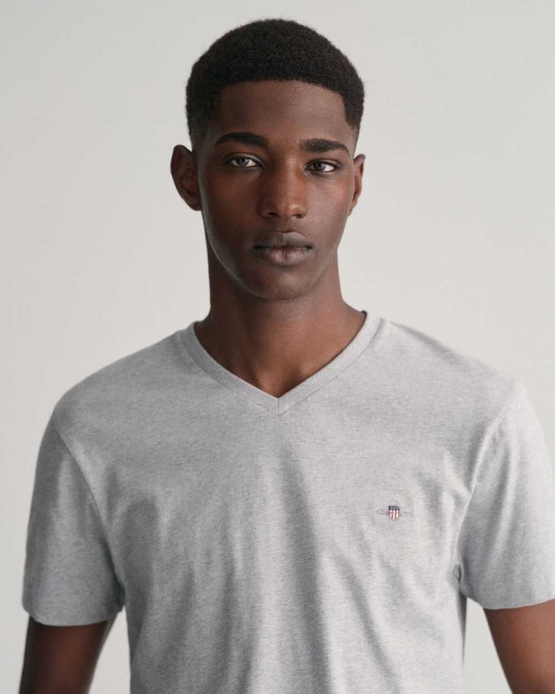 Gant Slim Fit Shield V-Neck Men's T-Shirt Grey Melange | YAUFN-2849