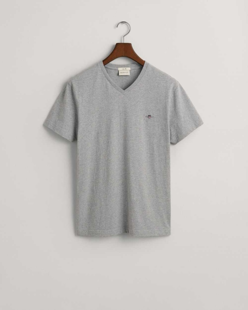 Gant Slim Fit Shield V-Neck Men's T-Shirt Grey Melange | YAUFN-2849