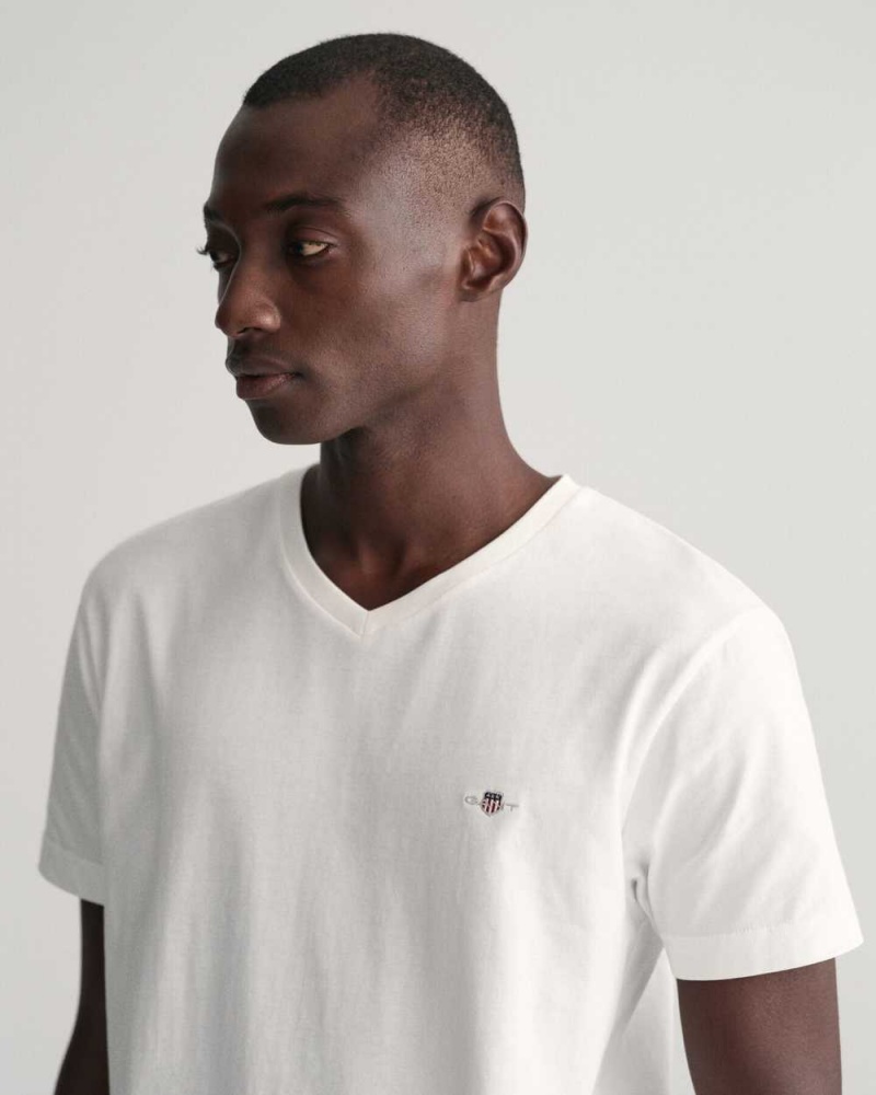 Gant Slim Fit Shield V-Neck Men's T-Shirt White | TBKYJ-7158