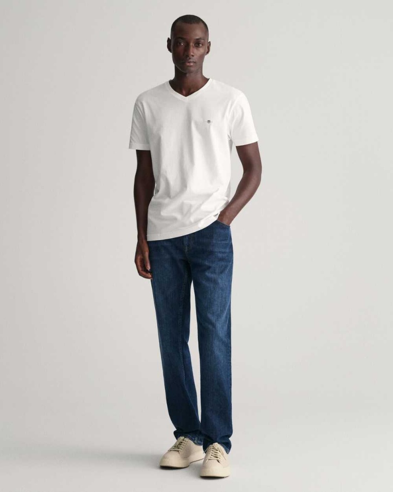 Gant Slim Fit Shield V-Neck Men's T-Shirt White | TBKYJ-7158