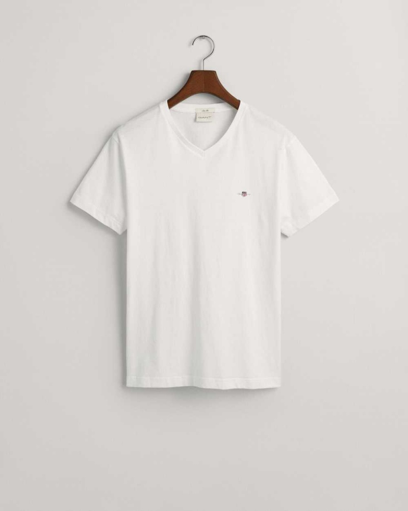 Gant Slim Fit Shield V-Neck Men's T-Shirt White | TBKYJ-7158