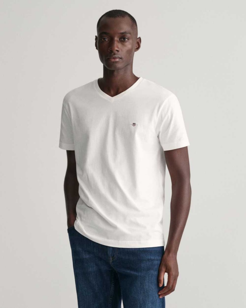 Gant Slim Fit Shield V-Neck Men\'s T-Shirt White | TBKYJ-7158