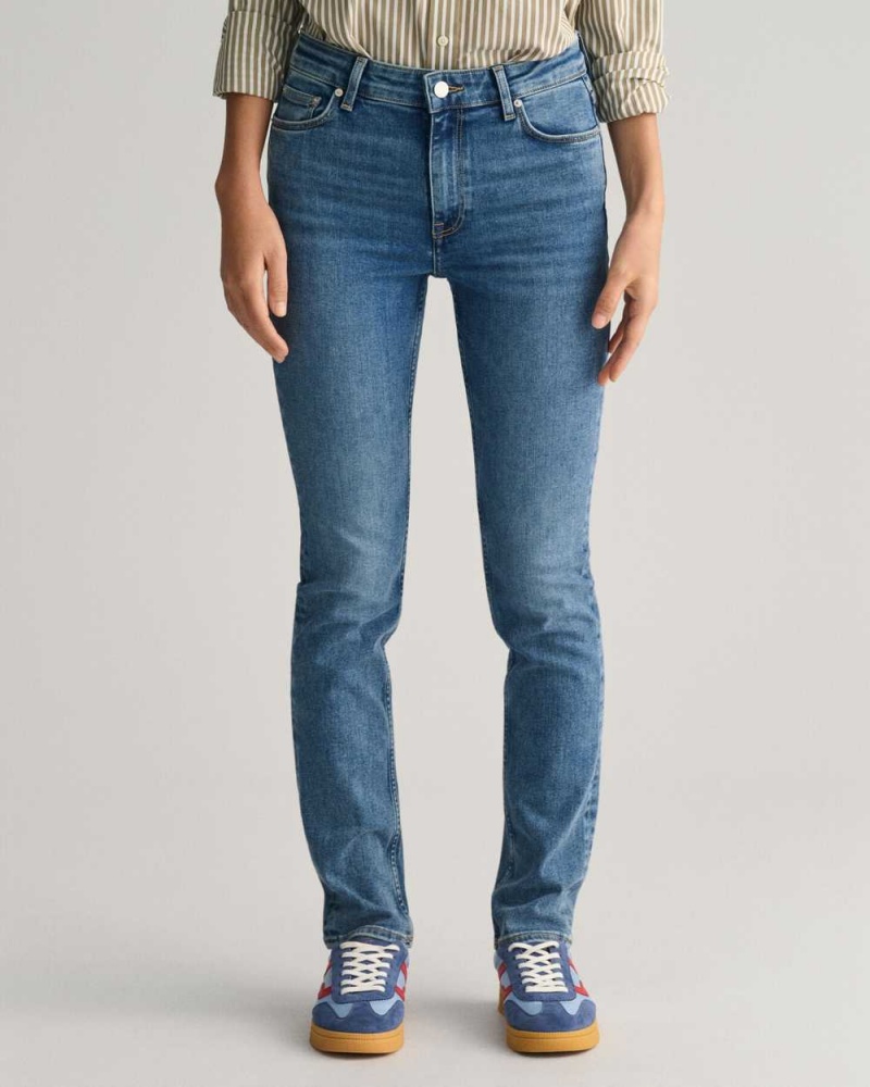 Gant Slim Fit Super Stretch Women's Jeans Mid Blue Broken In | QWMDG-6154