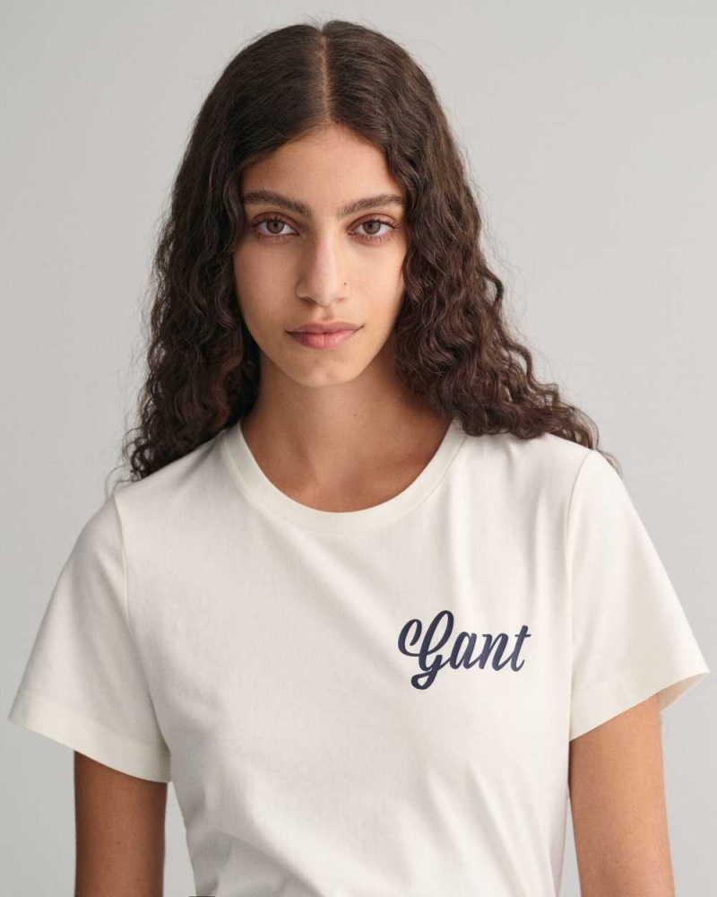 Gant Small Graphic Women's T-Shirt Beige White | VRDPC-0597