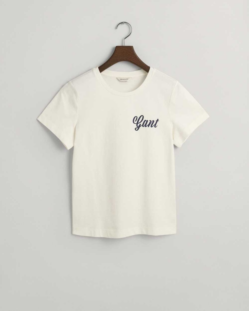 Gant Small Graphic Women's T-Shirt Beige White | VRDPC-0597