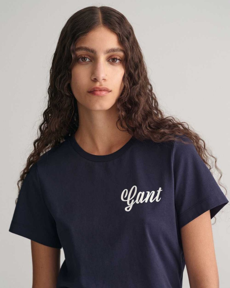 Gant Small Graphic Women's T-Shirt Evening Blue | DRPSX-3582