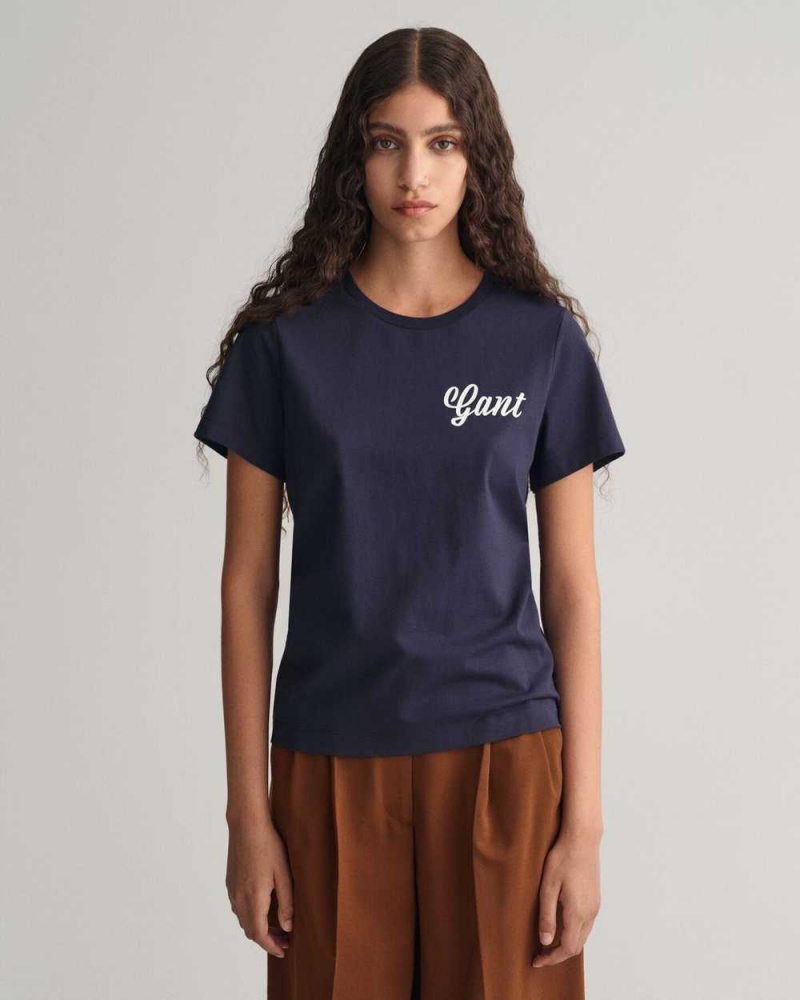 Gant Small Graphic Women\'s T-Shirt Evening Blue | DRPSX-3582