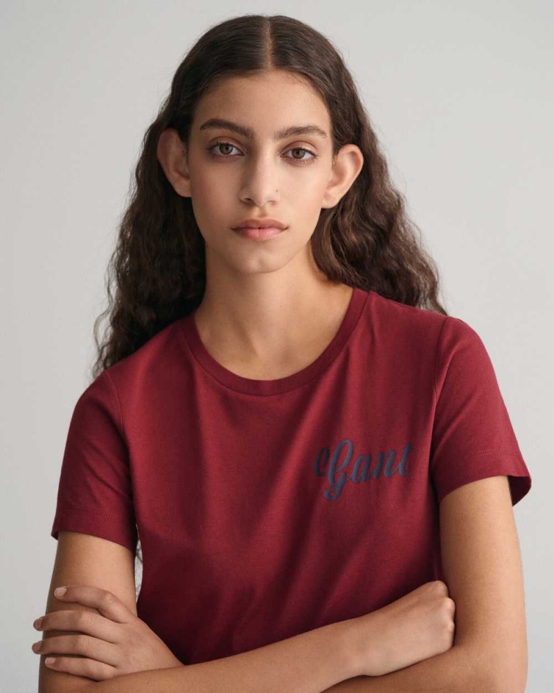 Gant Small Graphic Women's T-Shirt Plumped Red | UONFW-3028