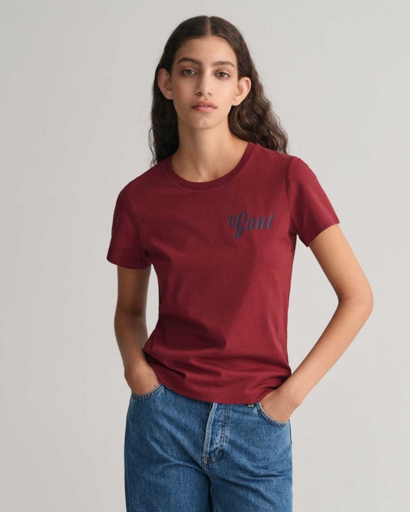 Gant Small Graphic Women\'s T-Shirt Plumped Red | UONFW-3028