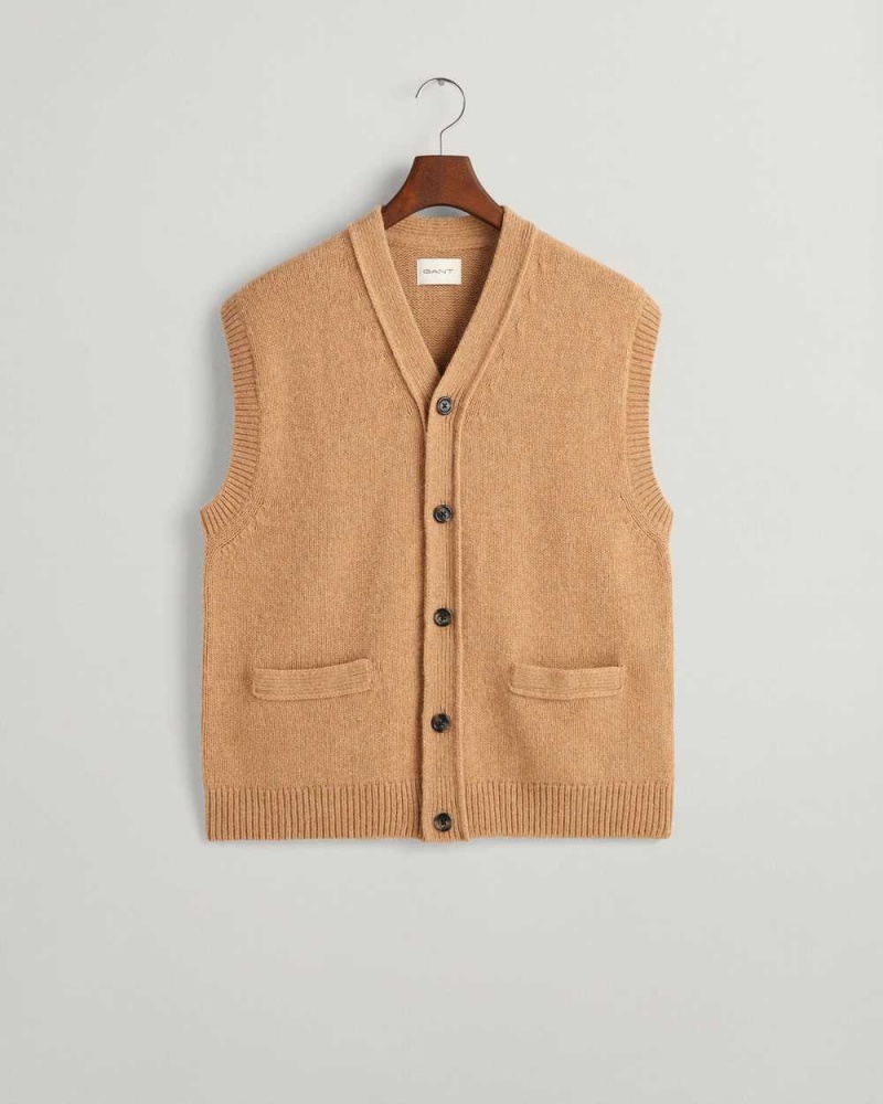 Gant Soft Wool Button-Up Men's Vest Khaki Melange | QFSDM-0248