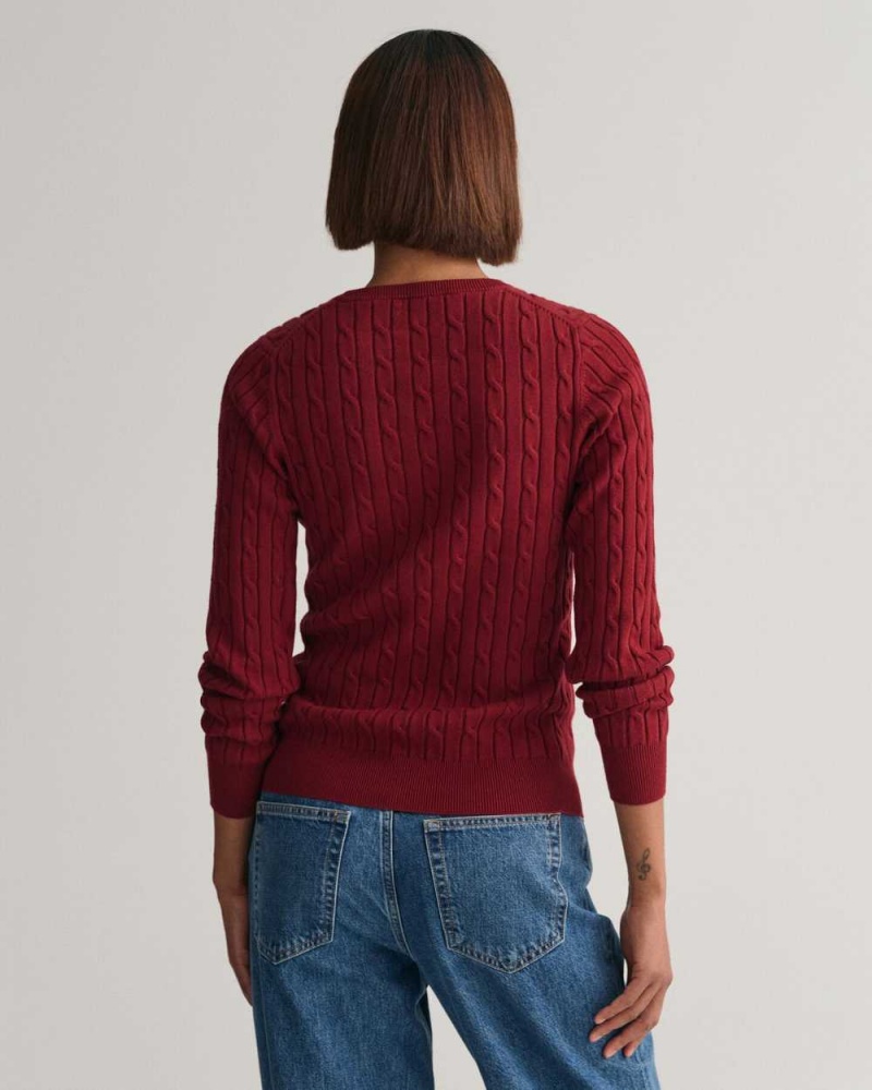 Gant Stretch Cotton Cable Knit Crew Neck Women's Sweater Plumped Red | DHTLF-8345