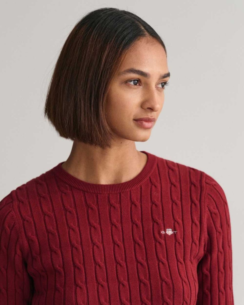 Gant Stretch Cotton Cable Knit Crew Neck Women's Sweater Plumped Red | DHTLF-8345