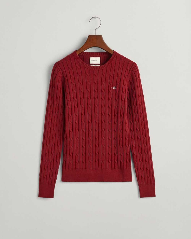 Gant Stretch Cotton Cable Knit Crew Neck Women's Sweater Plumped Red | DHTLF-8345