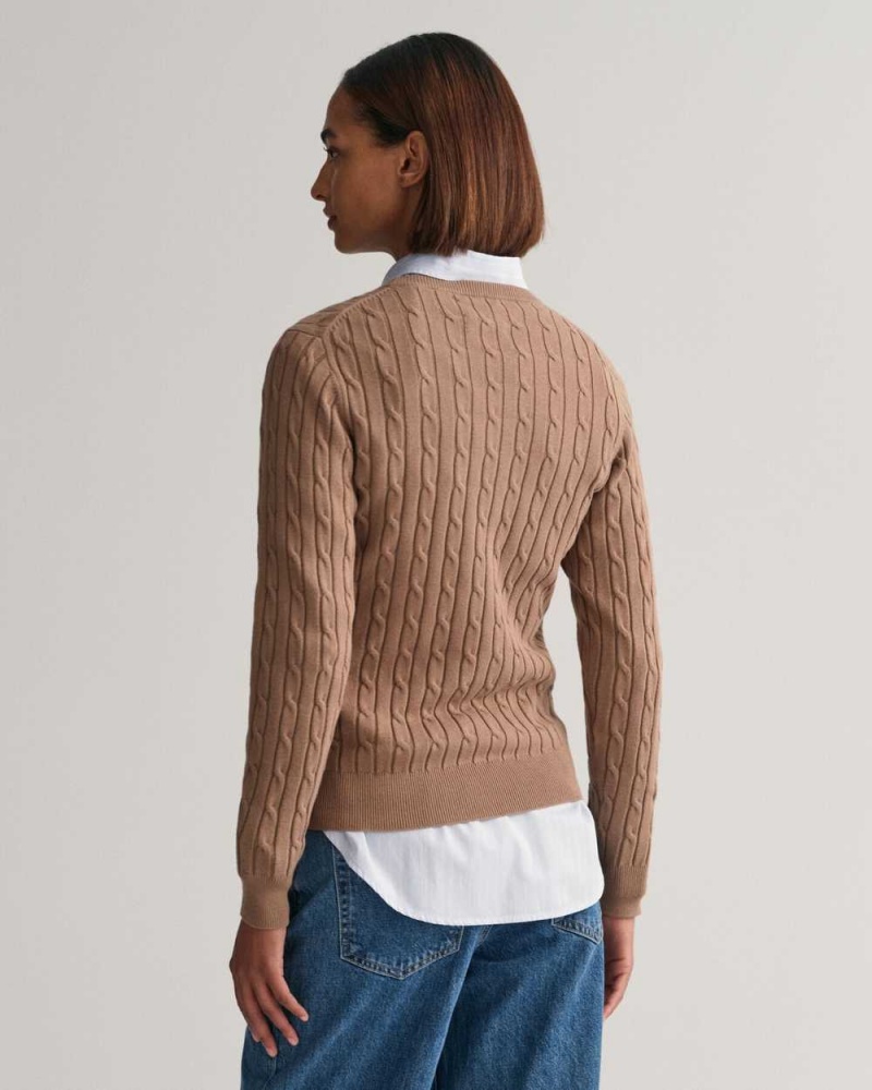 Gant Stretch Cotton Cable Knit Crew Neck Women's Sweater Mole Brown | LXBHV-0956