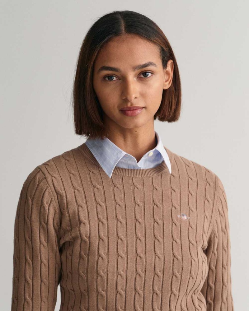 Gant Stretch Cotton Cable Knit Crew Neck Women's Sweater Mole Brown | LXBHV-0956