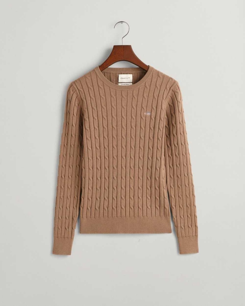 Gant Stretch Cotton Cable Knit Crew Neck Women's Sweater Mole Brown | LXBHV-0956