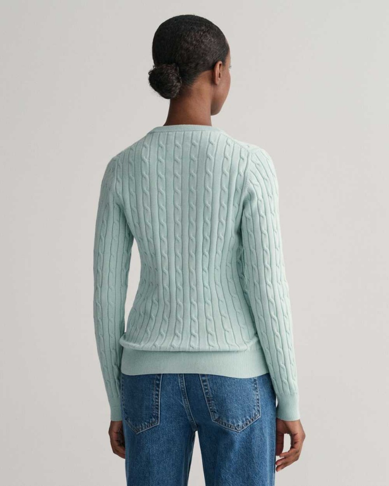 Gant Stretch Cotton Cable Knit Crew Neck Women's Sweater Dusty Turquoise | BNVWM-6082