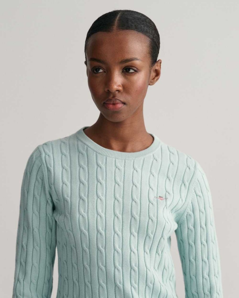 Gant Stretch Cotton Cable Knit Crew Neck Women's Sweater Dusty Turquoise | BNVWM-6082