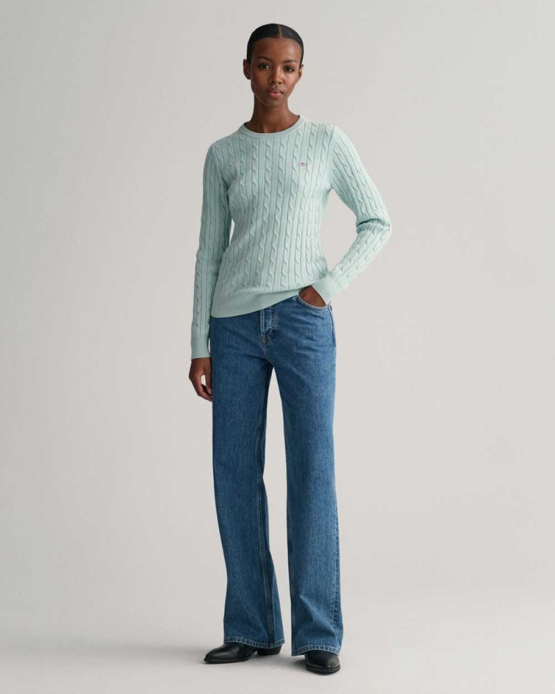 Gant Stretch Cotton Cable Knit Crew Neck Women's Sweater Dusty Turquoise | BNVWM-6082