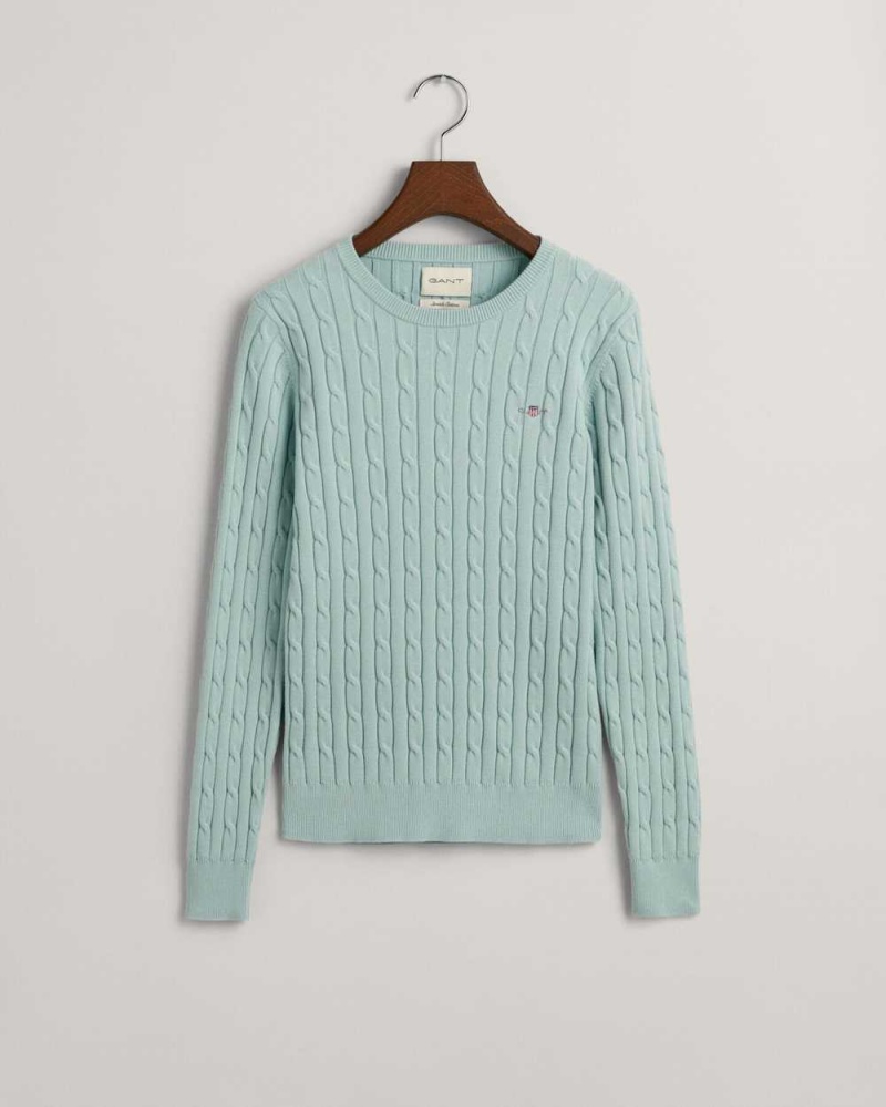 Gant Stretch Cotton Cable Knit Crew Neck Women's Sweater Dusty Turquoise | BNVWM-6082