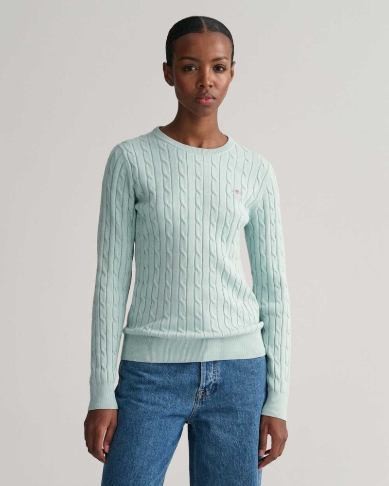 Gant Stretch Cotton Cable Knit Crew Neck Women\'s Sweater Dusty Turquoise | BNVWM-6082