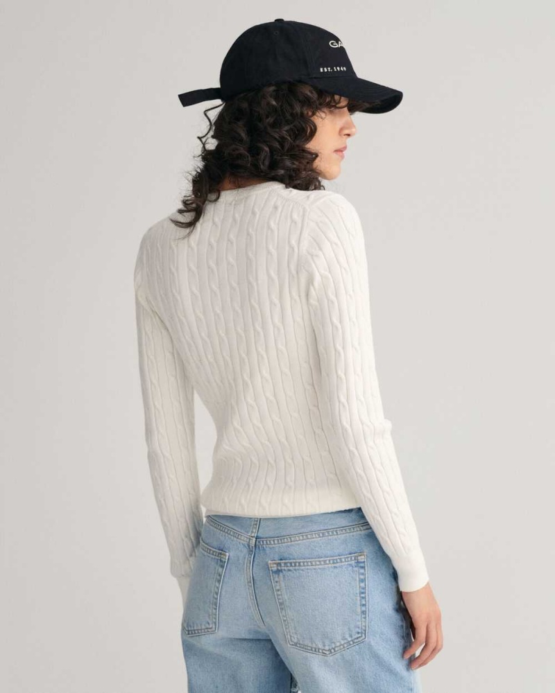 Gant Stretch Cotton Cable Knit Crew Neck Women's Sweater Beige White | RAKGO-6983