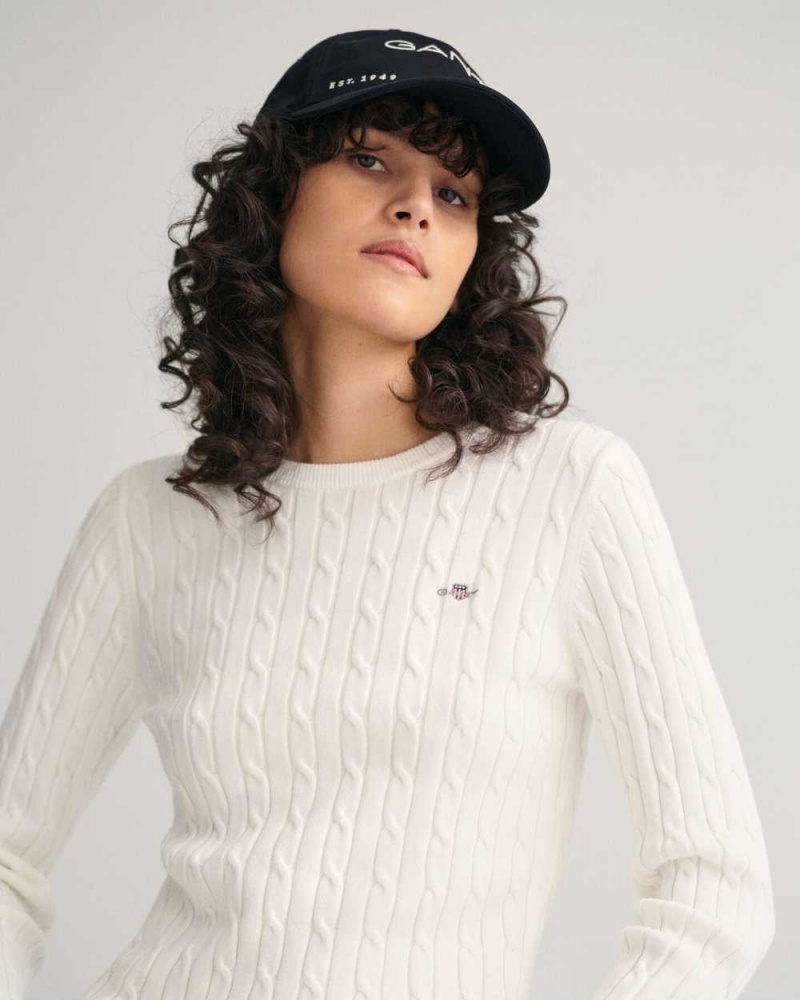 Gant Stretch Cotton Cable Knit Crew Neck Women's Sweater Beige White | RAKGO-6983