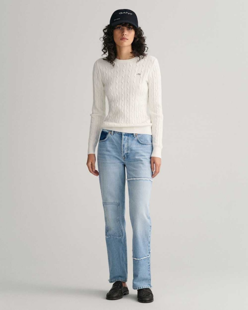 Gant Stretch Cotton Cable Knit Crew Neck Women's Sweater Beige White | RAKGO-6983