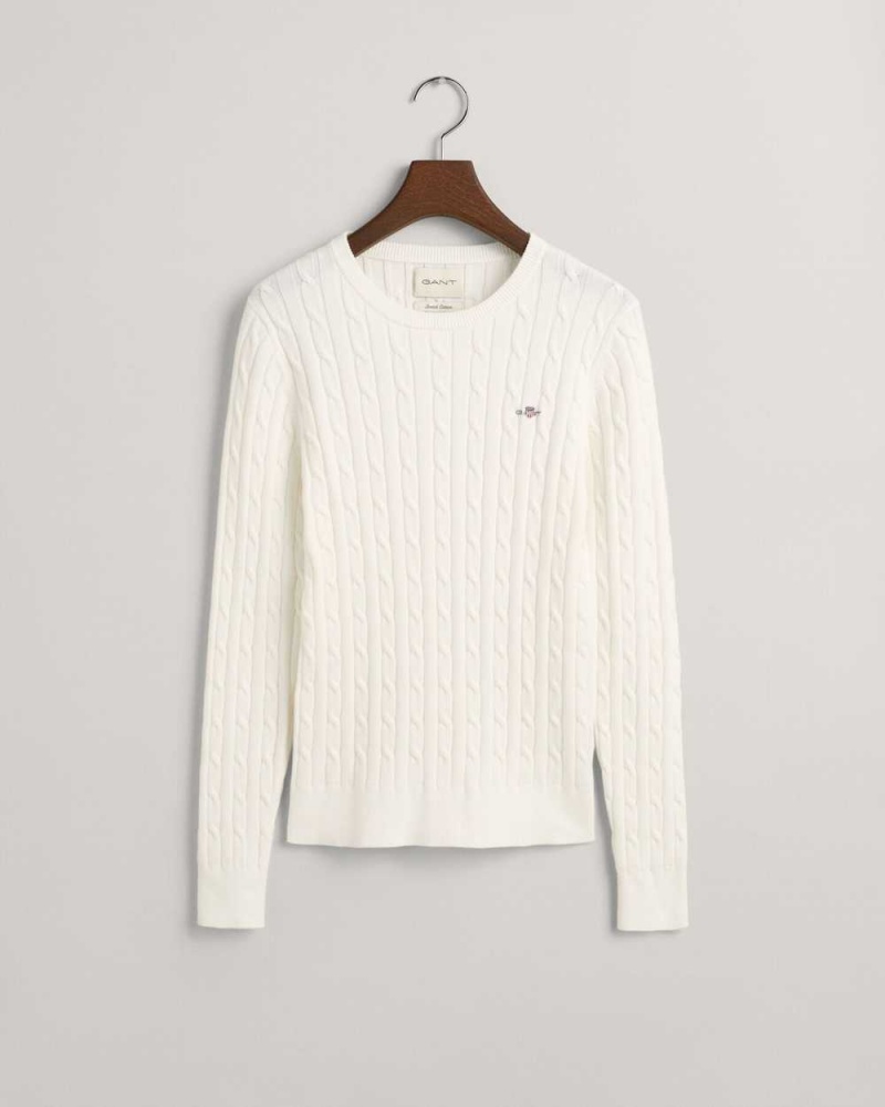 Gant Stretch Cotton Cable Knit Crew Neck Women's Sweater Beige White | RAKGO-6983