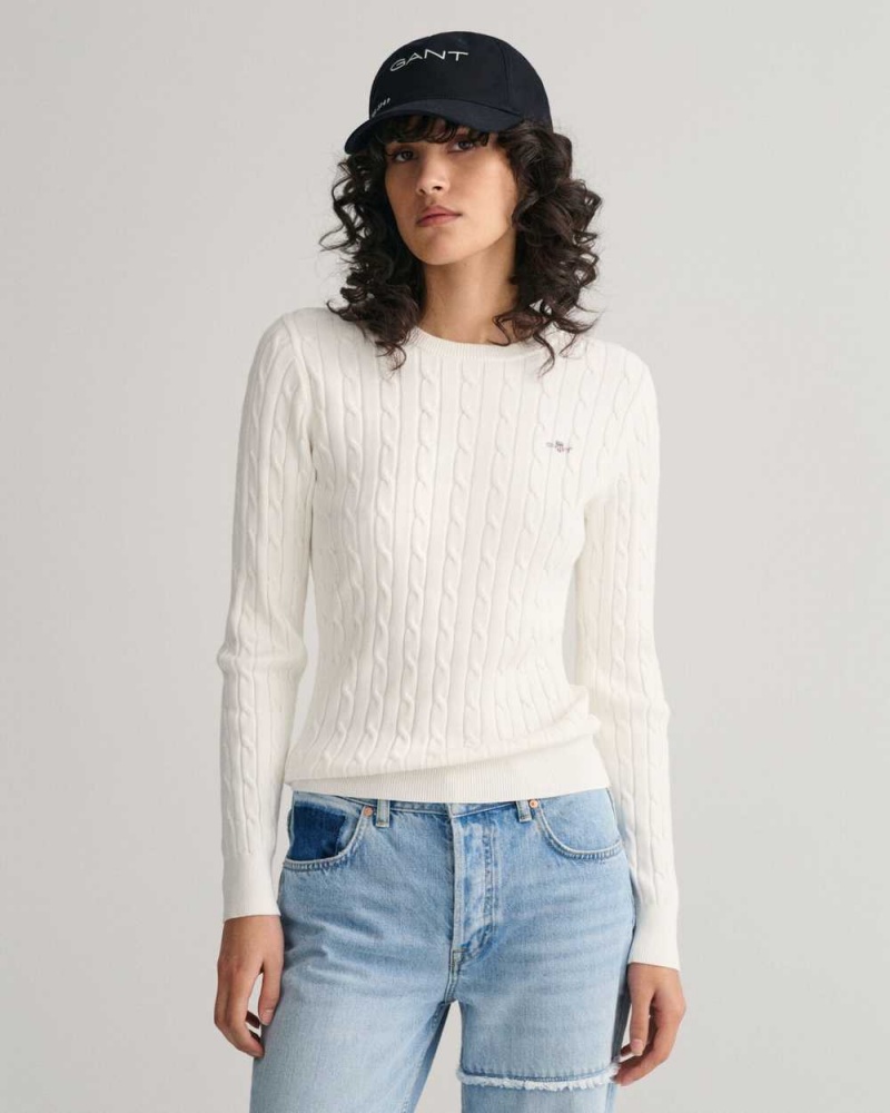 Gant Stretch Cotton Cable Knit Crew Neck Women\'s Sweater Beige White | RAKGO-6983