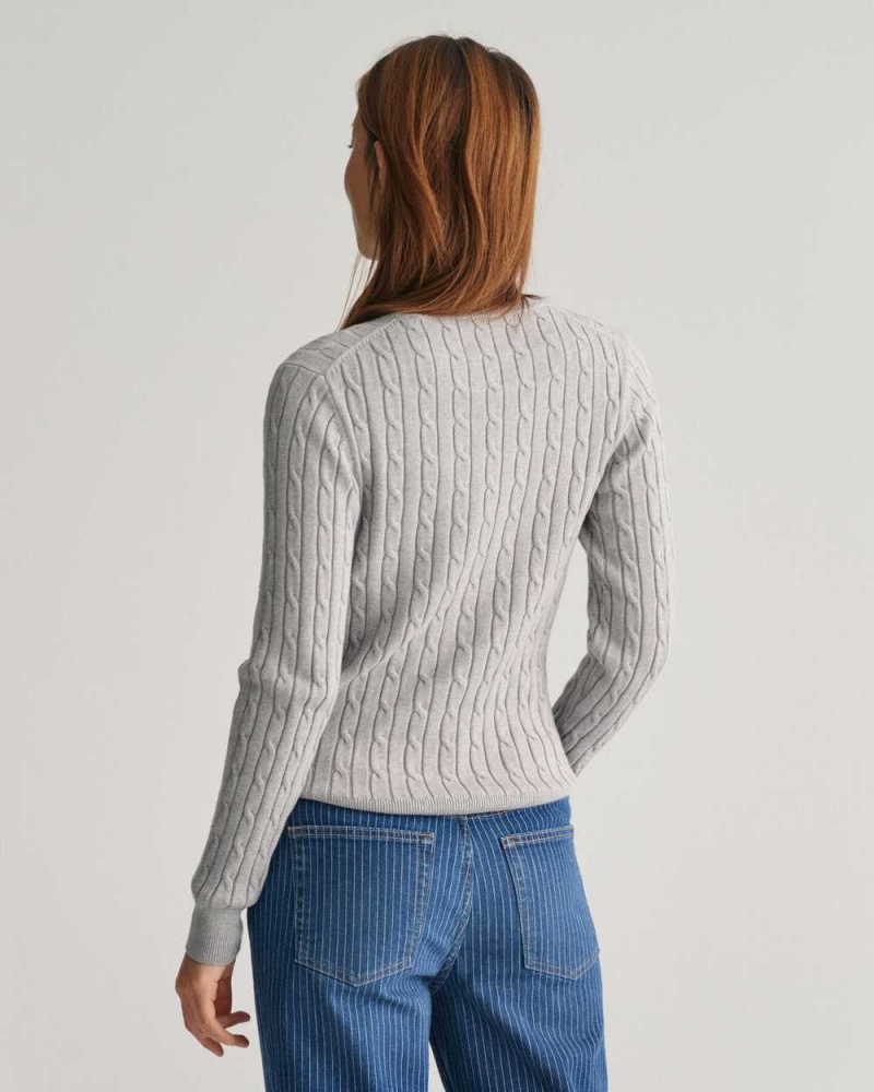 Gant Stretch Cotton Cable Knit Crew Neck Women's Sweater Mid Grey | PVLNI-1746