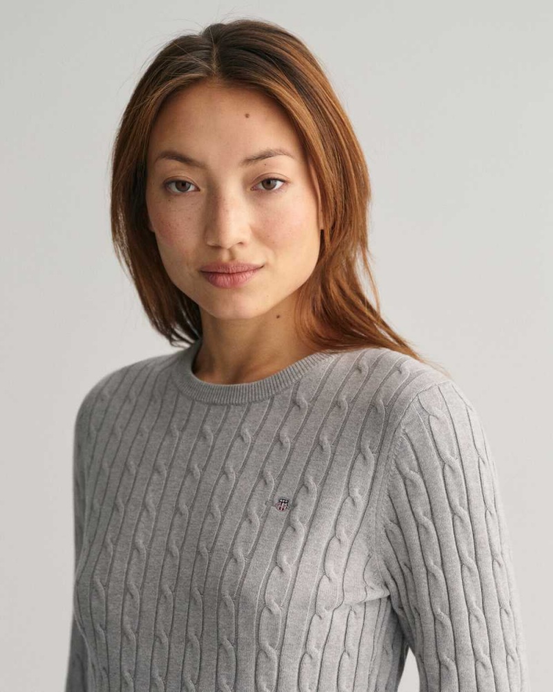 Gant Stretch Cotton Cable Knit Crew Neck Women's Sweater Mid Grey | PVLNI-1746